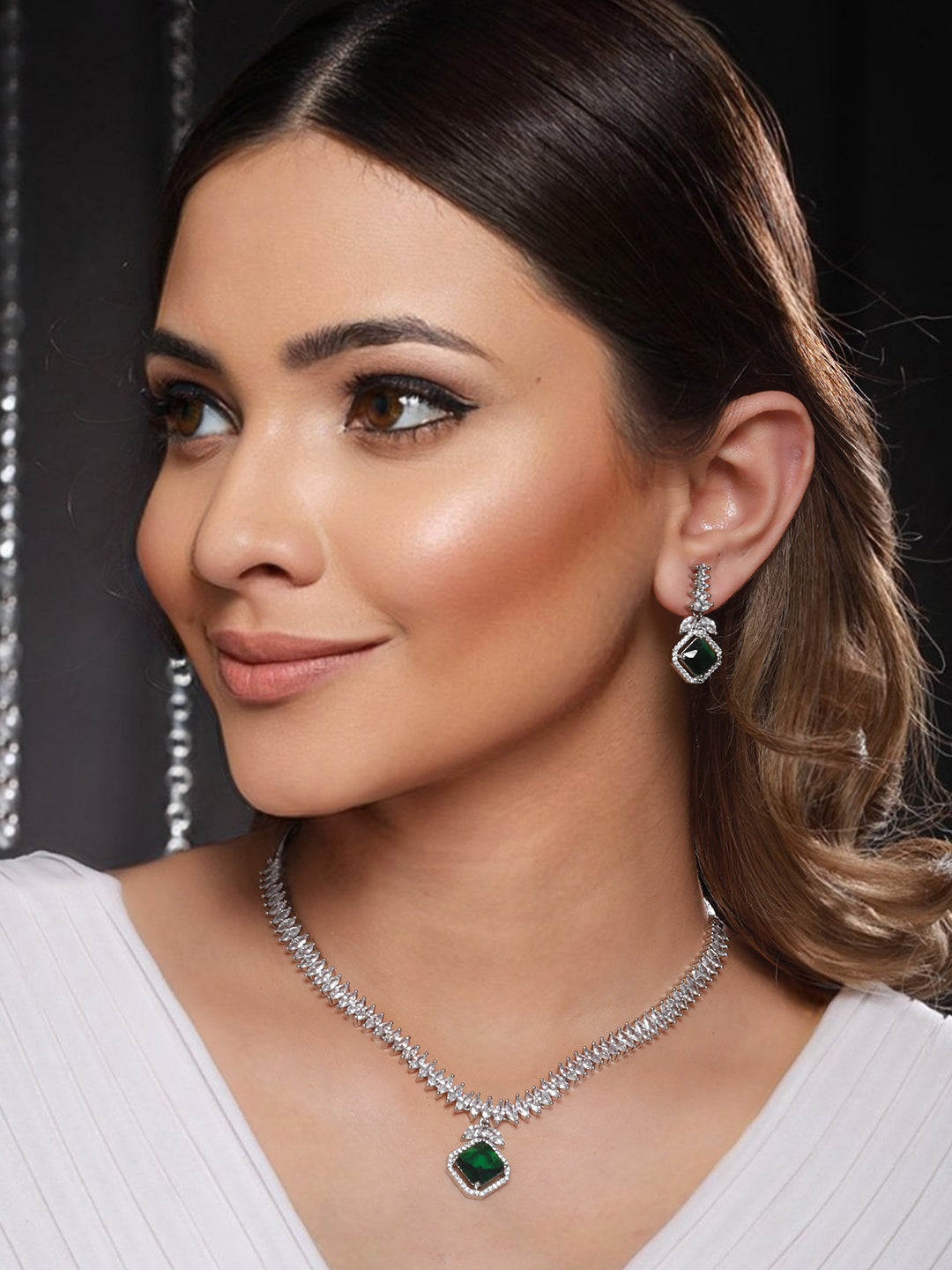 Silver Plated Green CZ Studded Minimal Pendant jewellery Set